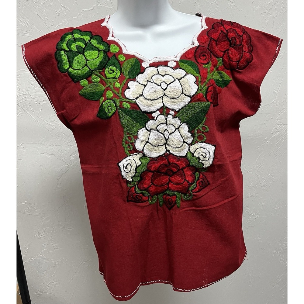 Mexican Embroidered Blouse Womens XL Red Floral Boho Manta Cotton Top New
